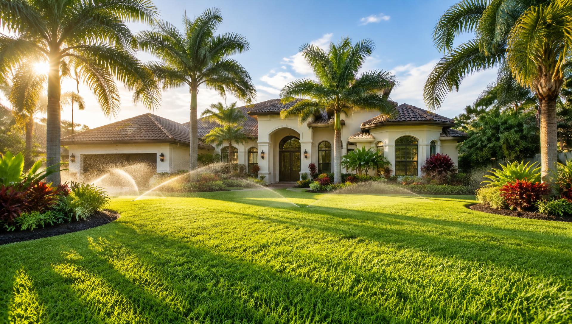 Florida home with a vibrant green lawn and tropical landscaping