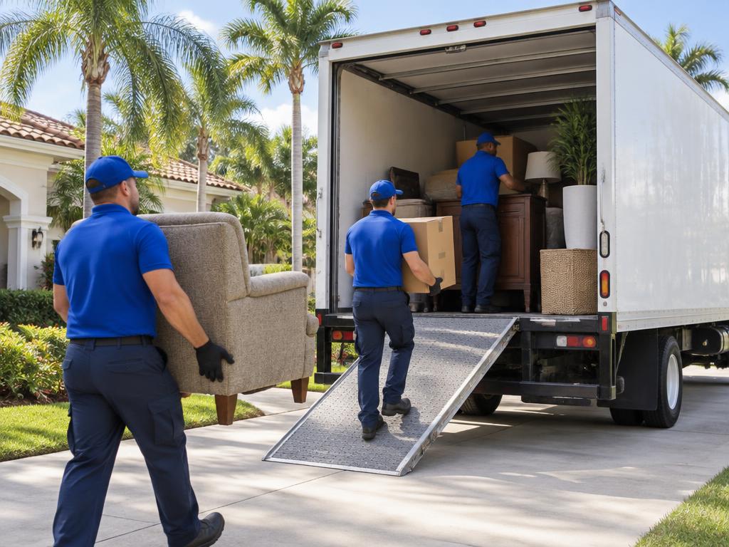 Crew loading furniture and boxes into a truck during a Central Florida junk removal job